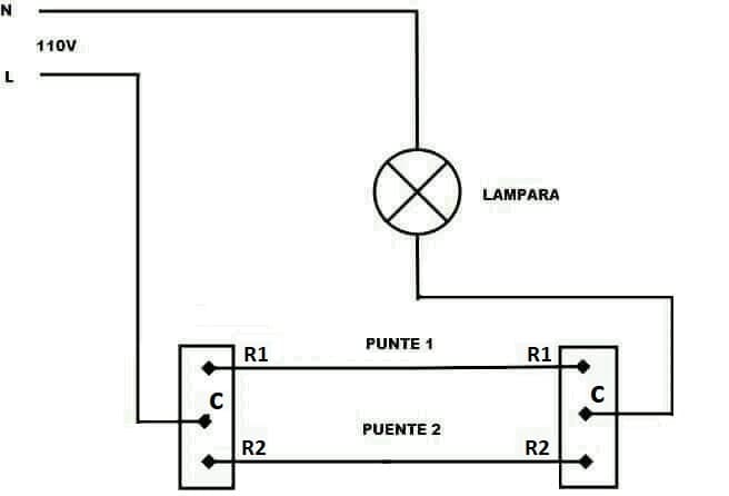 diagrama de control de foco o lampara controlado desde dos puntos con apagador